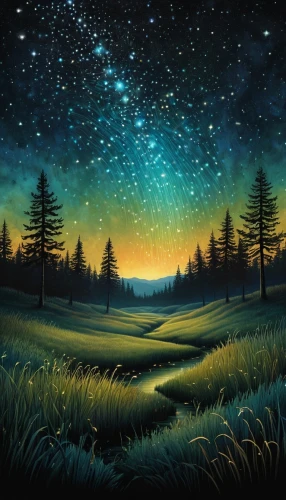 starry sky,starry night,salt meadow landscape,fireflies,night stars,northern lights,the northern lights,landscape background,meadow landscape,northern light,night scene,falling stars,milky way,milkyway,night sky,star sky,the night sky,fantasy landscape,starfield,colorful stars,Illustration,Abstract Fantasy,Abstract Fantasy 19