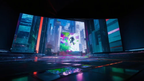 futuristic art museum,panoramical,cyberpunk,matrix,futuristic,vertigo,cyberspace,futuristic landscape,aqua studio,vapor,ufo interior,dimension,electric arc,cyber,3d fantasy,3d,oculus,virtual,virtual world,shinjuku