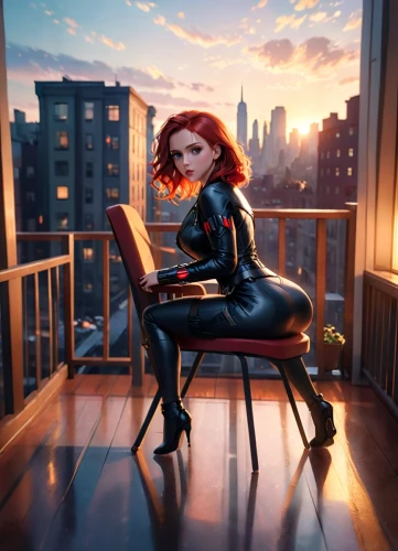 black widow,catwoman,rooftop,on the roof,sitting on a chair,paris balcony,cg artwork,perched,marvels,rockabella,balcony,wig,xmen,red-haired,widow,captain marvel,rooftops,femme fatale,roof top,wanda,Anime,Anime,Cartoon