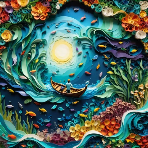 coral reef,ocean floor,underwater landscape,mother earth,ocean paradise,colorful water,under the sea,fractals art,koi pond,cosmic flower,pachamama,kaleidoscope art,mermaid background,under sea,psychedelic art,colorful spiral,ocean,sea-life,underwater background,oil on canvas,Unique,Paper Cuts,Paper Cuts 01