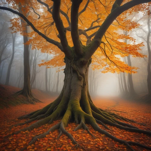 autumn tree,european beech,isolated tree,autumn forest,autumn fog,beech trees,magic tree,forest tree,maple tree,the roots of trees,beech forest,deciduous tree,germany forest,flourishing tree,deciduous forest,lone tree,foggy forest,the japanese tree,tree and roots,burning tree trunk,Illustration,Realistic Fantasy,Realistic Fantasy 44