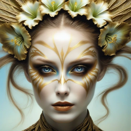 elven flower,fantasy portrait,dryad,faery,headdress,faerie,feather headdress,golden wreath,golden mask,laurel wreath,golden crown,fantasy art,faun,golden flowers,gold flower,gold filigree,venetian mask,mystical portrait of a girl,flower fairy,gold mask,Illustration,Realistic Fantasy,Realistic Fantasy 10