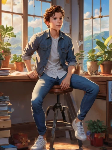 miguel of coco,cg artwork,male poses for drawing,child is sitting,portrait background,sitting on a chair,child with a book,boy's room picture,bookworm,tracer,sitting,artist portrait,ken,ryan navion,shoeshine boy,jeans background,librarian,world digital painting,kids illustration,nicholas boots,Unique,Design,Character Design