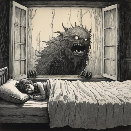 bad dream,charcoal nest,sleep thorn,child monster,nightmare,insomnia,my neighbor totoro,alarm clock,wolfman,hibernation,bedtime,sleep,sci fiction illustration,book illustration,comforter,krampus,halloween illustration,monsters,sleeping room,worry-eater,Conceptual Art,Oil color,Oil Color 10