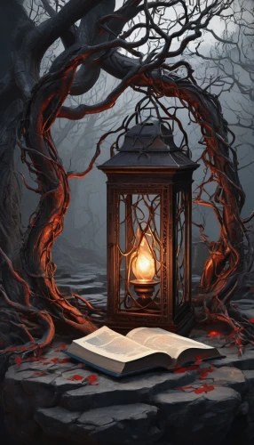 magic grimoire,magic book,mystery book cover,lantern,debt spell,divination,cauldron,witch's hat icon,burnt pages,spell,witch's house,open book,burning tree trunk,illuminated lantern,book pages,a book,the books,fairy tale icons,prayer book,guestbook,Conceptual Art,Daily,Daily 35