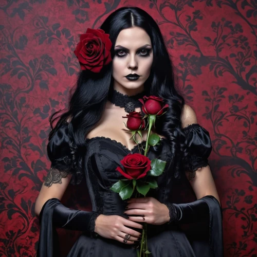 gothic portrait,black rose,gothic woman,gothic fashion,vampira,with roses,goth woman,dark gothic mood,porcelain rose,queen of hearts,vampire woman,widow flower,gothic style,roses,red rose,gothic,red roses,black rose hip,vampire lady,rose png,Photography,General,Realistic
