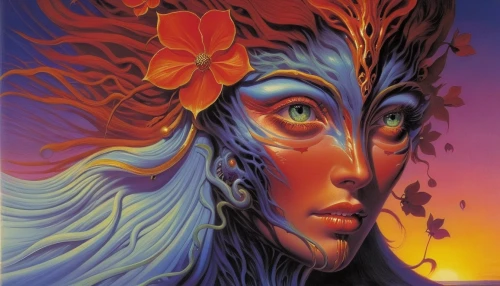 mother earth,dryad,shamanic,psychedelic art,shiva,shamanism,mother nature,elven flower,blue moon rose,flame spirit,fantasy art,bodypainting,pachamama,sacred art,priestess,avatar,color pencils,flora,oil painting on canvas,faerie,Conceptual Art,Sci-Fi,Sci-Fi 19
