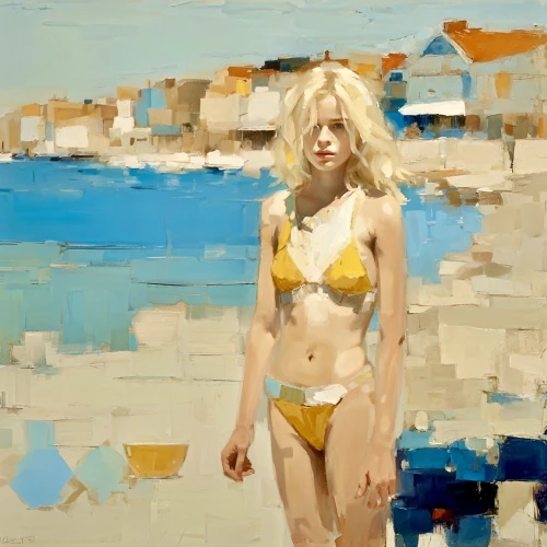 blonde woman,the blonde in the river,oil painting,sea beach-marigold,carol colman,blonde girl,blond girl,carol m highsmith,girl on the river,painterly,oil on canvas,italian painter,yellow skin,golden sands,yellow sun hat,oil paint,seaside,beach landscape,vincent van gough,girl on the dune
