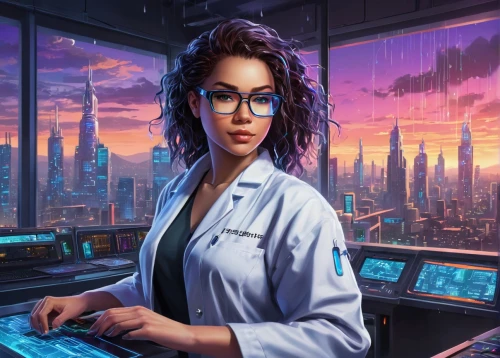 female doctor,sci fiction illustration,fish-surgeon,theoretician physician,ship doctor,sci fi surgery room,cyberpunk,veterinarian,physician,scientist,biologist,pathologist,librarian,pandemic,cyber glasses,medical sister,researcher,cg artwork,surgeon,girl at the computer,Unique,Pixel,Pixel 05