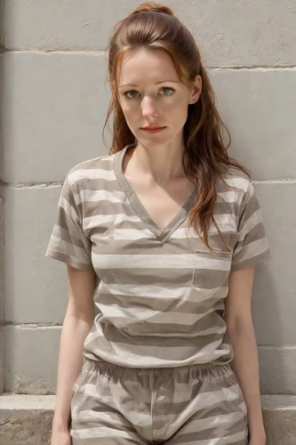 in a shirt,girl in overalls,with glasses,girl in t-shirt,cotton top,horizontal stripes,striped background,silver framed glasses,overalls,librarian,redheaded,female model,khaki,glasses,girl sitting,teen,liberty cotton,see-through clothing,young woman,sarah,Photography,Realistic