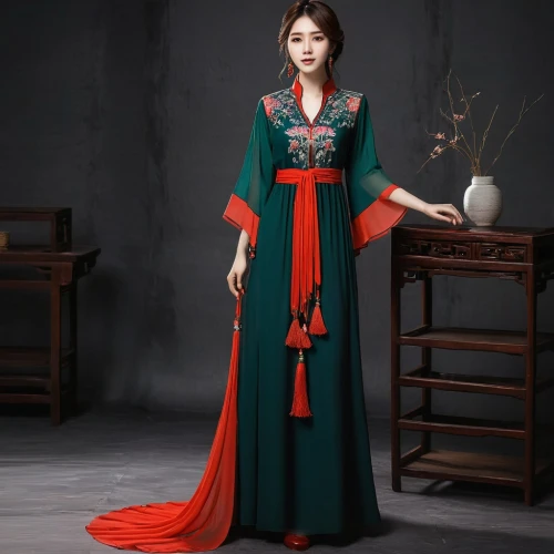 hanbok,ao dai,oriental princess,girl in a long dress,folk costume,evening dress,chinese style,shuanghuan noble,vintage dress,women fashion,gown,red gown,women clothes,robe,women's clothing,imperial coat,black macaws sari,long dress,academic dress,xuan lian,Conceptual Art,Fantasy,Fantasy 17