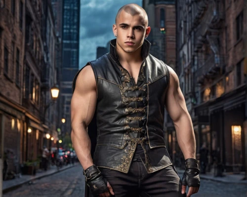 daemon,jasper,vest,main character,male character,stunt performer,corvin,bodie,carpathian,jack rose,mohawk hairstyle,leather,huntsman,black crow,blacksmith,sandro,drago milenario,rent,jackson,black city,Illustration,Realistic Fantasy,Realistic Fantasy 42