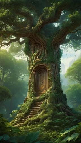 tree house,celtic tree,fairy door,house in the forest,druid grove,tree of life,elven forest,treehouse,magic tree,oak tree,ancient house,forest tree,fantasy picture,fairy house,old-growth forest,enchanted forest,hobbiton,rosewood tree,the threshold of the house,fantasy landscape,Conceptual Art,Fantasy,Fantasy 05