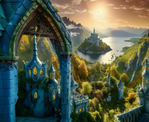 fairy tale castle,fairytale castle,fantasy picture,fantasy world,fantasy landscape,3d fantasy,fairytale,fairy tale,fantasy city,elves flight,castle of the corvin,a fairy tale,fantasy art,cartoon video game background,children's fairy tale,gold castle,fairy tales,heroic fantasy,sleeping beauty castle,northrend,Photography,General,Fantasy