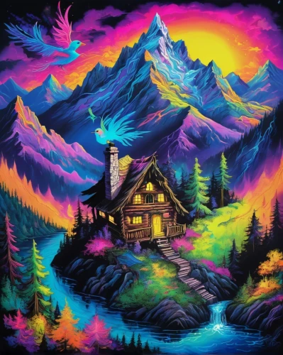 the cabin in the mountains,house in mountains,house in the mountains,mountain scene,aurora village,witch's house,northern lights,aurora borealis,psychedelic art,home landscape,the northern lights,mountain landscape,lonely house,the spirit of the mountains,log cabin,cottage,high mountains,aurora colors,mountain huts,northen lights,Illustration,Realistic Fantasy,Realistic Fantasy 02