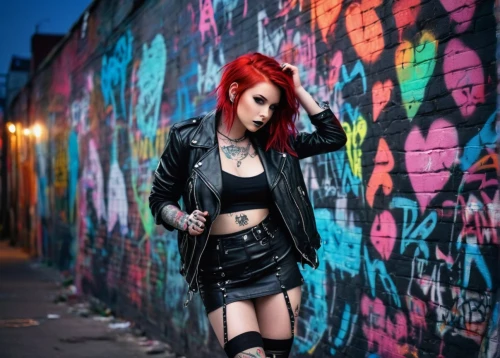 red brick wall,punk,red wall,goth woman,gothic fashion,black leather,leather jacket,goth subculture,latex clothing,alleyway,red bricks,grunge,leather,gothic woman,red hair,redhair,rocker,wall of bricks,brick wall background,alley,Illustration,Realistic Fantasy,Realistic Fantasy 20