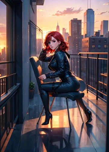 black widow,transistor,above the city,rooftop,on the roof,red-haired,cg artwork,two-point-ladybug,catwoman,rockabella,daredevil,paris balcony,window sill,scarlet witch,dusk background,femme fatale,clary,asuka langley soryu,sci fiction illustration,fire escape,Anime,Anime,Traditional