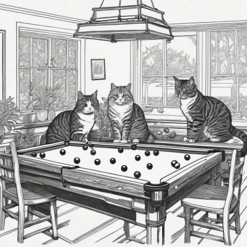 cats playing,vintage cats,english billiards,game illustration,carom billiards,cat line art,poker table,poker,pocket billiards,billiards,snooker,card table,cat's cafe,billiard table,nine-ball,cats,poker set,game drawing,the cat and the,coloring page