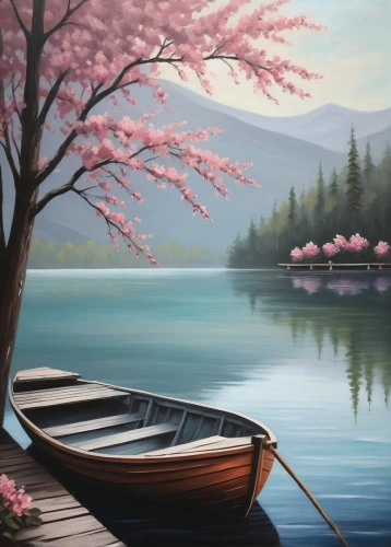 boat landscape,canoe,canoeing,row boat,canoes,landscape background,fishing float,japanese sakura background,rowboats,calm water,japan landscape,rowboat,beautiful lake,tranquility,idyllic,calm waters,picnic boat,wooden boat,spring lake,row boats,Illustration,Abstract Fantasy,Abstract Fantasy 05