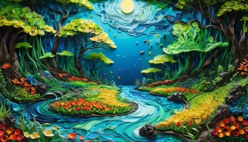 fairy forest,enchanted forest,mushroom landscape,forest of dreams,fairy world,elven forest,fairy village,fantasy art,fairytale forest,forest landscape,oil painting on canvas,forest glade,mother earth,garden of eden,psychedelic art,3d fantasy,forest background,river of life project,tree grove,fantasy landscape,Unique,Paper Cuts,Paper Cuts 01
