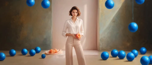 blue room,blue background,blue balloons,portal,blue painting,orange,spheres,pantsuit,water pearls,orangina,conceptual photography,digital compositing,woman in menswear,oranges,silk,water dripping,photoshop manipulation,little girl with balloons,om,three-lobed slime