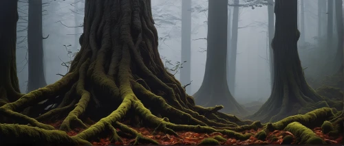 old-growth forest,foggy forest,redwoods,the roots of trees,redwood tree,fir forest,forest floor,deciduous forest,spruce forest,forest tree,coniferous forest,forest moss,forest landscape,tropical and subtropical coniferous forests,beech forest,tree moss,temperate coniferous forest,black forest,spruce-fir forest,redwood,Conceptual Art,Oil color,Oil Color 11