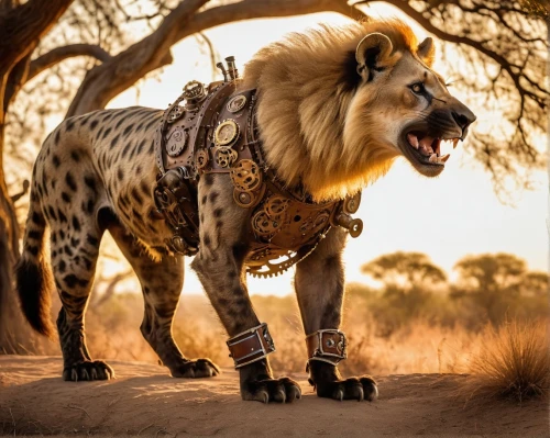 king of the jungle,african lion,cheetah,armored animal,serengeti,panthera leo,liger,cheetahs,masai lion,male lion,forest king lion,cat warrior,african leopard,to roar,animal photography,spotted hyena,roaring,roar,africa,wild cat,Illustration,Realistic Fantasy,Realistic Fantasy 13