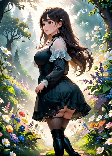 wonderland,fairy tale character,fantasy picture,alice,springtime background,spring background,vanessa (butterfly),fantasy girl,lilly of the valley,fantasy portrait,spring awakening,girl in the garden,alice in wonderland,rosa ' amber cover,forest clover,falling flowers,game illustration,japanese sakura background,erika,fantasia,Anime,Anime,Cartoon