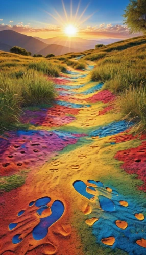pathway,sand paths,sand road,footprints,chalk drawing,footprints in the sand,rangoli,the mystical path,flowerful desert,color fields,foot prints,the luv path,harmony of color,oil painting on canvas,acid lake,the path,footsteps,psychedelic art,meander,oil chalk,Photography,General,Realistic