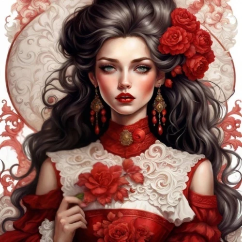 red rose,red roses,queen of hearts,geisha girl,red flower,red petals,rose flower illustration,lady in red,porcelain rose,geisha,oriental princess,rose white and red,red dahlia,with roses,red magnolia,red flowers,red carnations,rose wreath,fantasy portrait,boho art