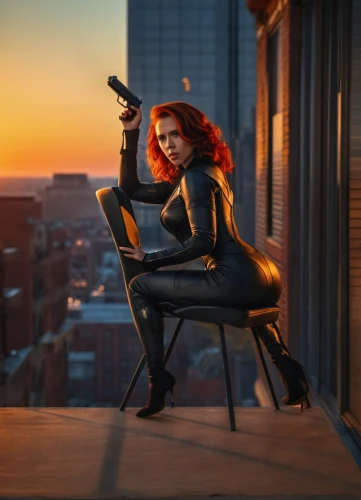 black widow,spy,woman holding gun,spy visual,catwoman,girl with gun,widow,sprint woman,femme fatale,girl with a gun,spy-glass,daredevil,holding a gun,rooftop,on the roof,huntress,xmen,cosplay image,super heroine,widow spider,Photography,General,Realistic