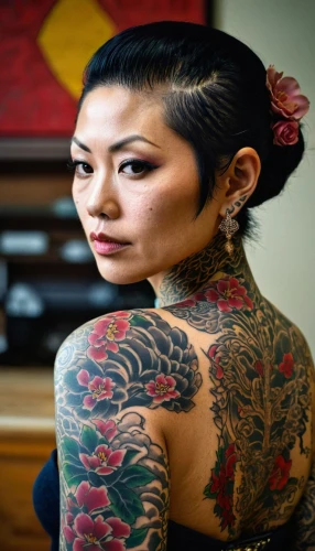 japanese woman,geisha,tattoo girl,geisha girl,oriental girl,asian woman,mulan,japanese,japanese art,floral japanese,oriental princess,japanese background,samurai fighter,asian,with tattoo,asian vision,japanese culture,asian girl,tattoo artist,su yan,Conceptual Art,Fantasy,Fantasy 09