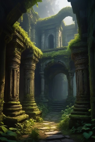 ancient city,ruins,mausoleum ruins,ancient buildings,the ruins of the,hall of the fallen,ruin,ancient,ancient house,lost place,abandoned place,pillars,sanctuary,the ancient world,abandoned places,lostplace,the mystical path,necropolis,fantasy landscape,dandelion hall,Illustration,Realistic Fantasy,Realistic Fantasy 26