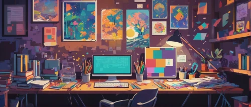 workspace,study room,computer room,working space,desk,work space,classroom,room,desk top,clutter,computer,workstation,offices,creative office,blue room,home office,consulting room,book store,playing room,laboratory,Illustration,Japanese style,Japanese Style 06