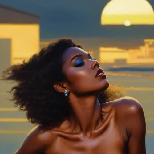 airbrushed,world digital painting,digital painting,oil on canvas,oil painting on canvas,ester williams-hollywood,african american woman,black woman,retouching,sunset glow,radiance,digital compositing,light of art,splendor,artistry,beautiful african american women,fashion illustration,venus,oil painting,black women,Conceptual Art,Fantasy,Fantasy 07