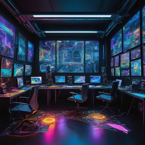 computer room,game room,the server room,ufo interior,cyberpunk,aqua studio,sci fi surgery room,cyberspace,computer workstation,computer art,gamer zone,creative office,working space,playing room,control center,computer game,cyber,study room,computer games,panoramical,Illustration,American Style,American Style 06