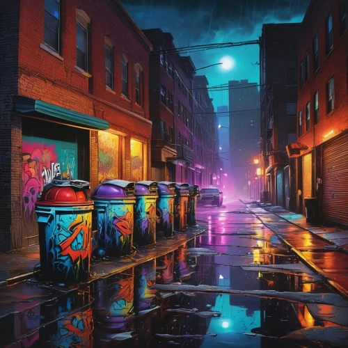 colorful city,alley,alleyway,night scene,cyberpunk,cityscape,lanterns,urban,graffiti,graffiti art,city lights,street lights,city at night,alley cat,china town,neon drinks,nightlife,new orleans,chinatown,blind alley,Illustration,Black and White,Black and White 01