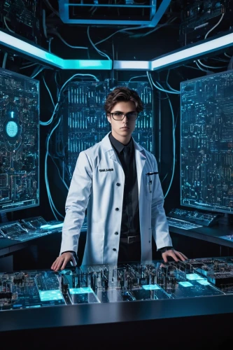 cyber glasses,dj,scientist,engineer,sci fi surgery room,elektroniki,ship doctor,researcher,science fiction,laboratory,electronic music,theoretician physician,man with a computer,science-fiction,technician,disc jockey,cybernetics,lab,cyber,computer science,Illustration,Realistic Fantasy,Realistic Fantasy 46