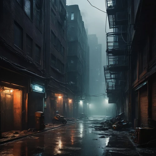 alleyway,alley,blind alley,cyberpunk,shanghai,kowloon city,hong kong,kowloon,dense fog,urban,taipei,shinjuku,penumbra,street canyon,old linden alley,mist,the street,slum,atmosphere,fog,Illustration,Realistic Fantasy,Realistic Fantasy 31