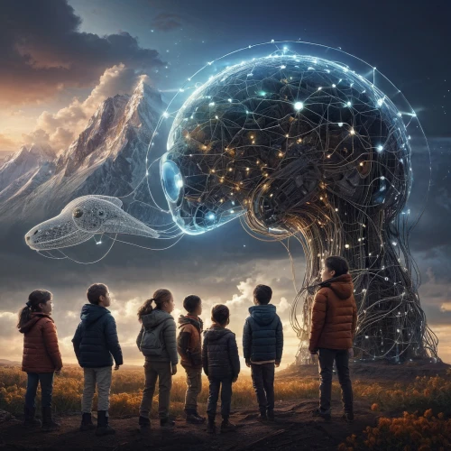 connectedness,sci fiction illustration,train of thought,imagination,consciousness,tree of life,travelers,computational thinking,world digital painting,creation,brainstorm,fractals art,connected world,photomanipulation,people in nature,fantasy picture,photo manipulation,group think,the universe,children studying