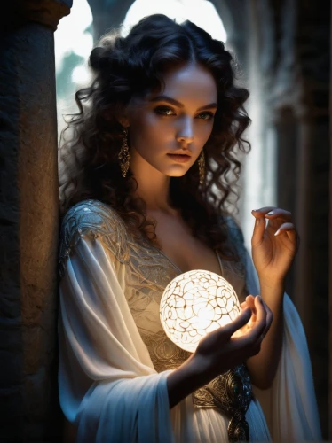 crystal ball-photography,mystical portrait of a girl,celtic woman,sorceress,candlemaker,crystal ball,divination,romantic portrait,fantasy portrait,fantasy art,the enchantress,fortune telling,priestess,fantasy picture,light of night,fortune teller,fairy tale character,digital compositing,faery,ball fortune tellers,Photography,Fashion Photography,Fashion Photography 08