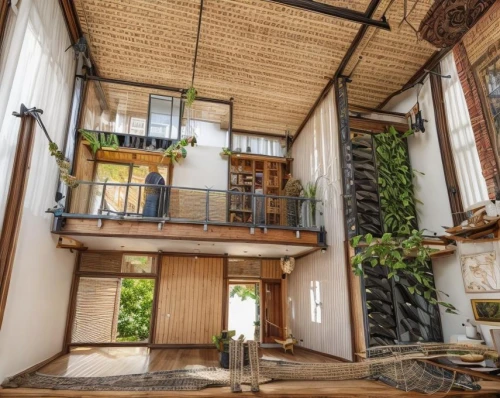 hanging plants,balcony garden,loft,tree house hotel,outside staircase,hanging plant,abandoned building,indoor,fire escape,inside courtyard,poison plant in 2018,house plants,tree house,block balcony,hanok,tropical house,eco-construction,two story house,an apartment,hanging houses,Common,Common,Natural