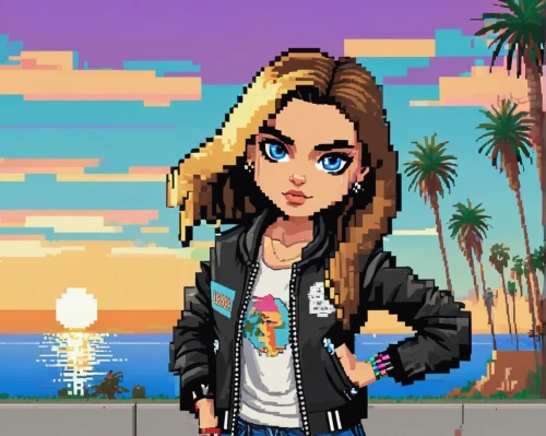 pixel art,retro styled,90s,retro background,beach background,pixel,retro girl,8bit,80s,dusk background,pixelgrafic,retro,retro look,retro style,80's design,aesthetic,retro woman,vector art,jean jacket,desert background,Unique,Pixel,Pixel 01