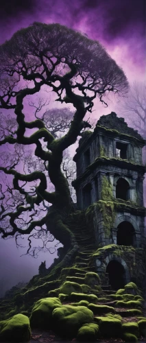 witch's house,purple landscape,ghost castle,fantasy picture,fantasy landscape,abandoned place,haunted castle,fractal environment,jacaranda,cartoon video game background,purple wallpaper,nature's wrath,defense,halloween background,wall,the ruins of the,witch house,castle of the corvin,ancient house,necropolis,Illustration,Black and White,Black and White 09