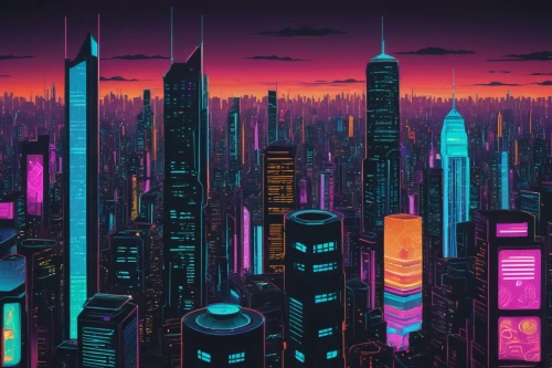 cityscape,futuristic landscape,cyberpunk,city skyline,metropolis,colorful city,city cities,futuristic,cities,fantasy city,city,skyscrapers,skyline,city blocks,the city,tokyo city,80's design,dystopian,high-rises,shanghai,Illustration,Abstract Fantasy,Abstract Fantasy 05