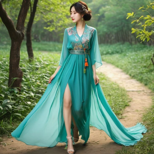 girl in a long dress,hanbok,ao dai,teal blue asia,green dress,vietnamese woman,phuquy,oriental princess,vintage dress,rou jia mo,evening dress,jasmine blue,blue enchantress,women fashion,viet nam,xuan lian,fairy queen,miss vietnam,in green,green and blue,Illustration,Retro,Retro 03