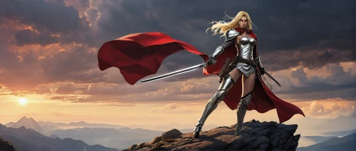 fullmetal alchemist edward elric,red saber,lone warrior,heroic fantasy,king sword,excalibur,king arthur,red cape,nero claudius,he-man,celebration cape,god of thunder,justitia,wind warrior,figure of justice,swordsman,thor,lady justice,cg artwork,meteora,Conceptual Art,Fantasy,Fantasy 06