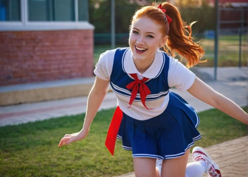 sports uniform,cheerleader,cheerleading uniform,sailor,school skirt,schoolgirl,school uniform,sports girl,cheering,maci,flying girl,nurse uniform,school clothes,cosplay image,redhead doll,a uniform,baseball uniform,twirling,cheerfulness,retro girl,Illustration,Realistic Fantasy,Realistic Fantasy 30