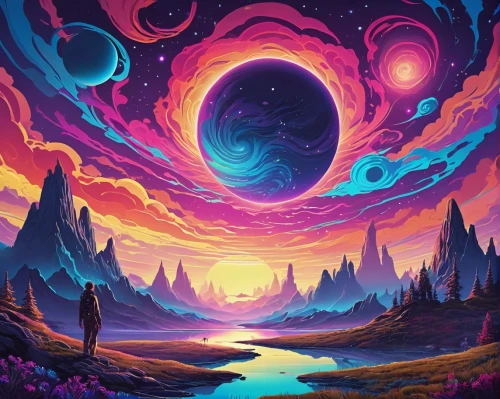 space art,alien planet,alien world,planet alien sky,vast,planets,vortex,colorful spiral,fantasy landscape,psychedelic art,planet,cosmos,fire planet,gas planet,galaxy,universe,dimensional,the universe,art background,valley of the moon