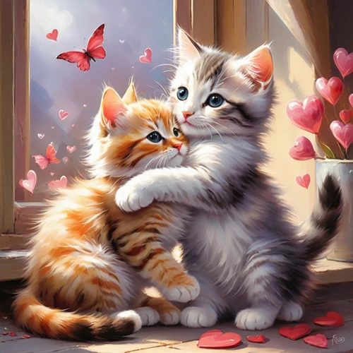 cat love,tenderness,cat lovers,romantic portrait,sweethearts,love in air,kittens,cute cartoon image,affection,cute animals,romantic scene,cute cat,amorous,love couple,the sweetness,birman,beautiful couple,painted hearts,puffy hearts,two cats,Conceptual Art,Oil color,Oil Color 03